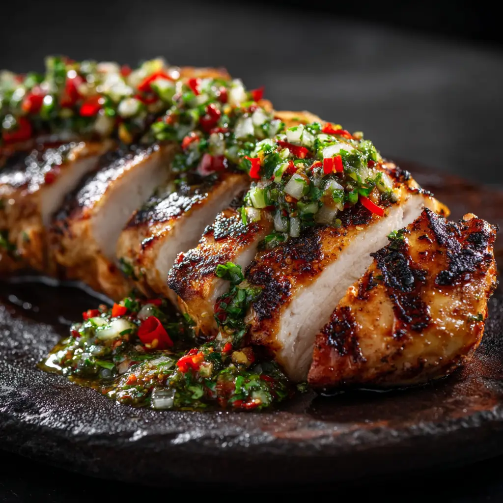 An extreme close-up of a perfectly cooked chicken breast, showing its juicy texture before being shredded for the green salsa chicken recipe.