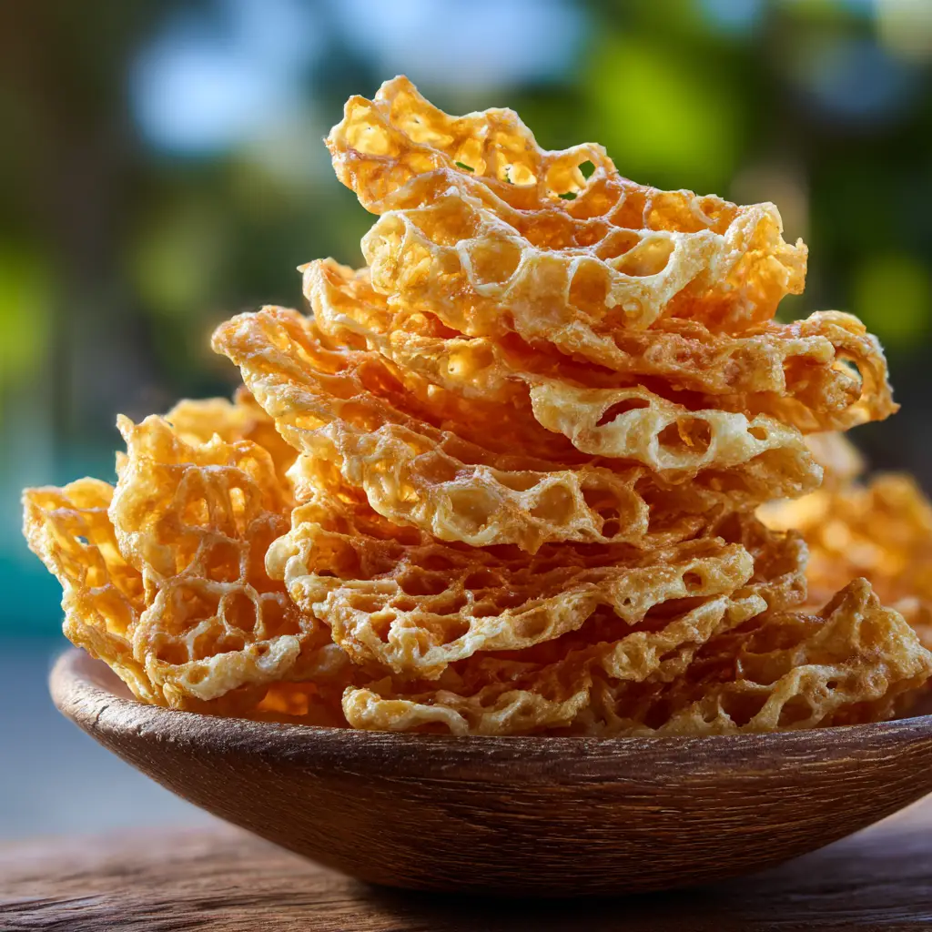 A pile of golden-brown, crispy cottage cheese chips shown from a side angle, emphasizing the crunchy texture of this healthy snack.