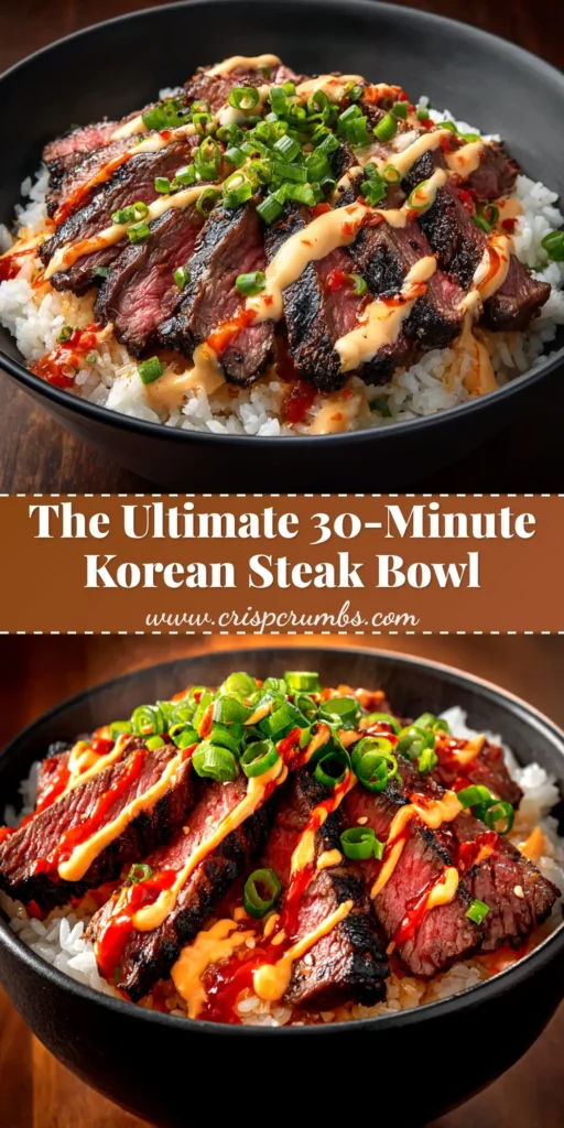 A vibrant Korean BBQ Steak Bowl served in a white bowl, filled with rice, tender marinated steak, shredded carrots, and kimchi, garnished with sesame seeds.