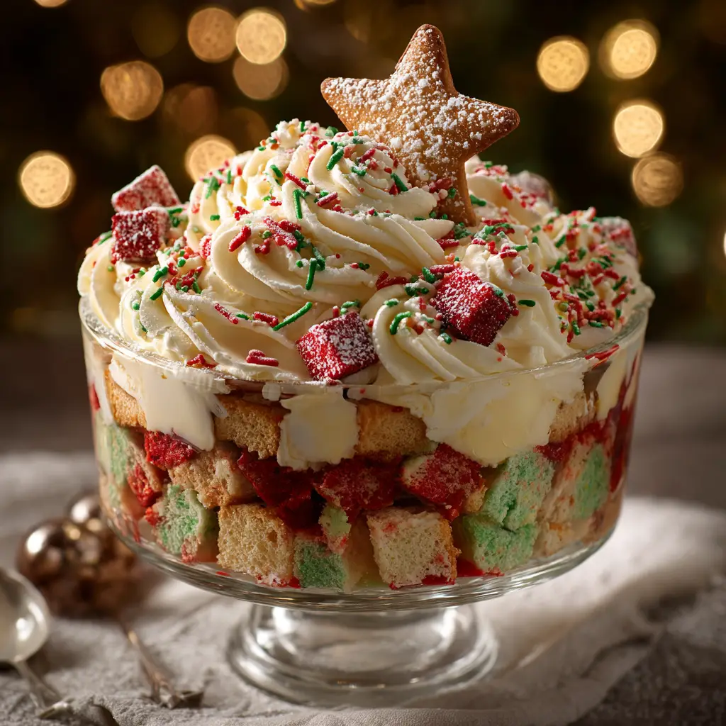 A close-up shot of the festive layers in the Christmas Tree Cake Trifle. You can clearly see the cake pieces, green vanilla pudding, and whipped topping.