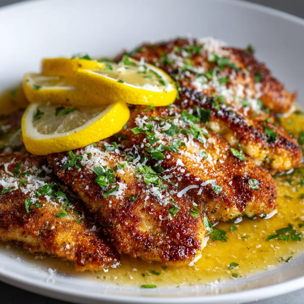 Two pieces of Lemon Chicken Romano on a plate, garnished with fresh herbs and a slice of lemon, ready to be served.