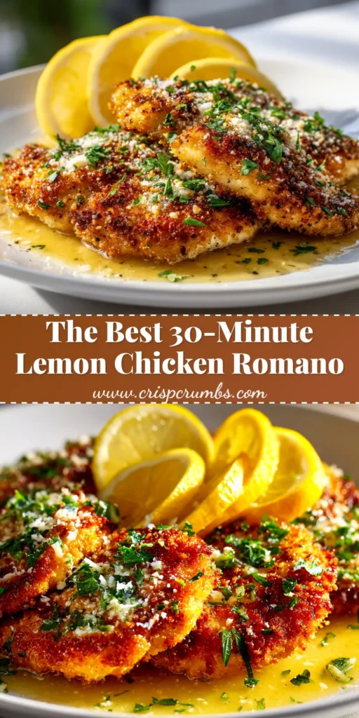 A plate of delicious Lemon Chicken Romano with a crispy cheese crust, drizzled with a zesty lemon butter sauce and garnished with fresh parsley.