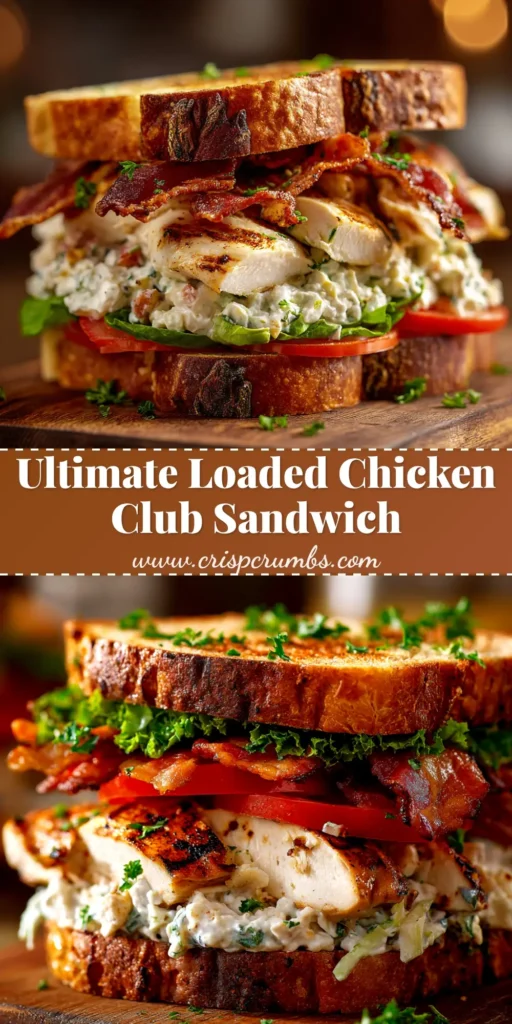 A delicious Loaded Chicken Club sandwich cut into quarters and held together with toothpicks, revealing layers of chicken, bacon, lettuce, and tomato.