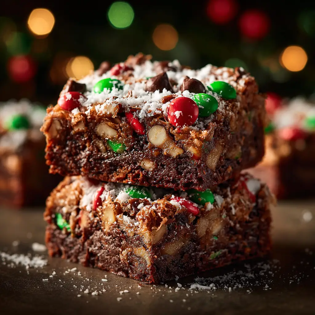 A close-up shot of a Christmas magic layer brownie bar, highlighting the gooey texture of the condensed milk and melted chocolate chips.