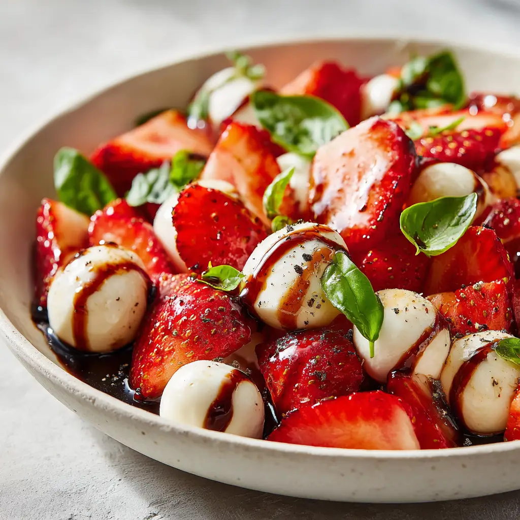 A fresh mozzarella slice being arranged on a platter next to ripe strawberries for the summer caprese salad.
