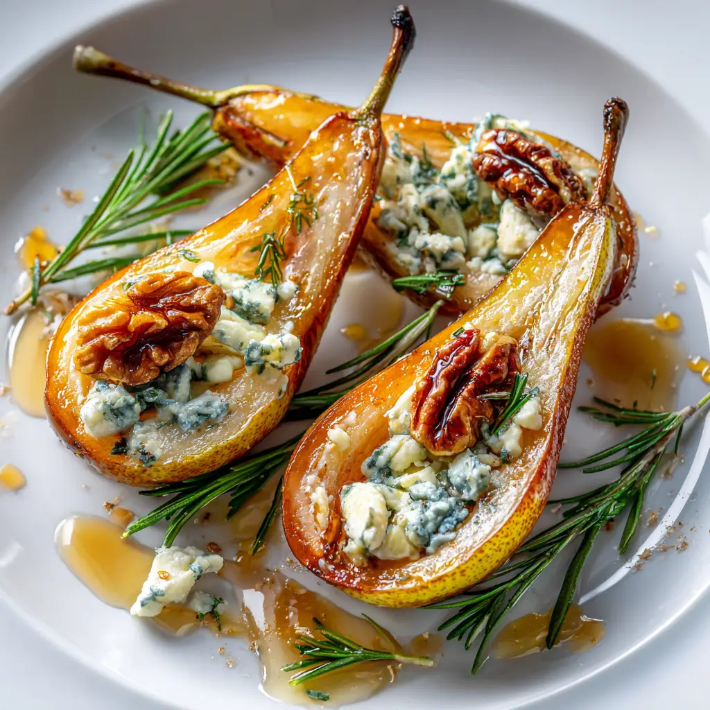 A step-by-step image showing pear halves being stuffed with crumbled blue cheese and walnuts before baking.