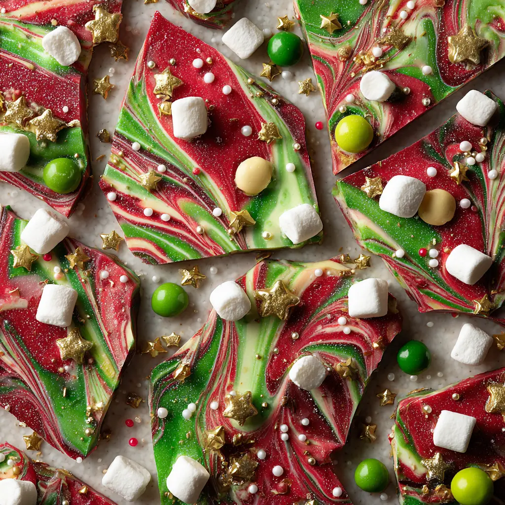A close-up shot of the process of making Christmas bark, with melted chocolate being spread and topped with colorful candies.