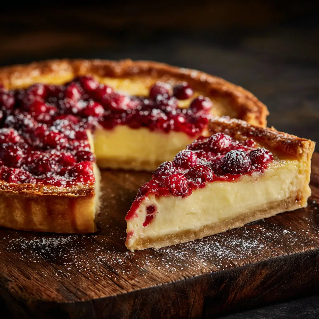 The process of pouring the liquid custard filling over fresh cranberries arranged in a blind-baked pie crust before it goes into the oven.