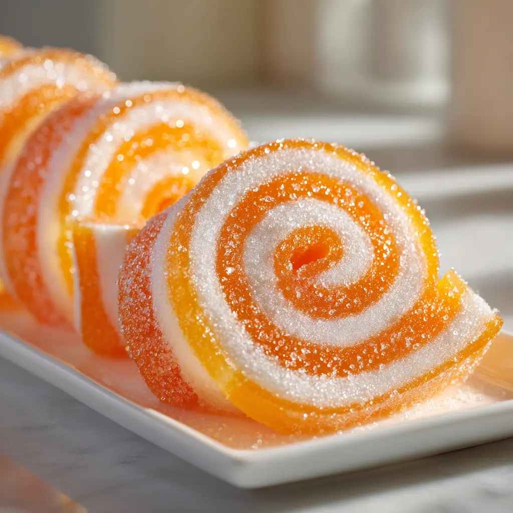 A tray of freshly made Creamsicle Vodka Jello Rollups, cut into strips and ready to be served.
