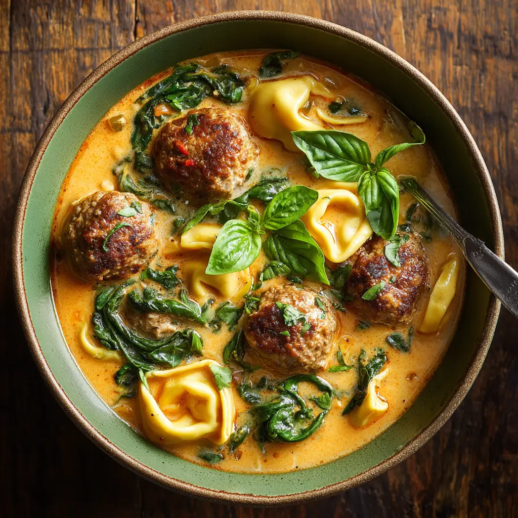 A Dutch oven on a stovetop filled with Creamy Italian Meatball Soup, showcasing the final step of stirring in spinach and cream.