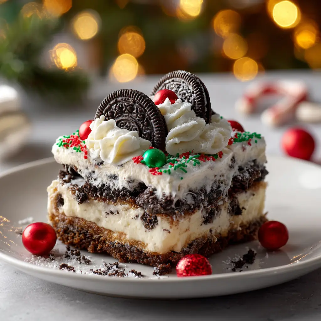 A baker spreading the cream cheese layer over the Oreo crust for the no-bake holiday dessert, showing the recipe in progress.