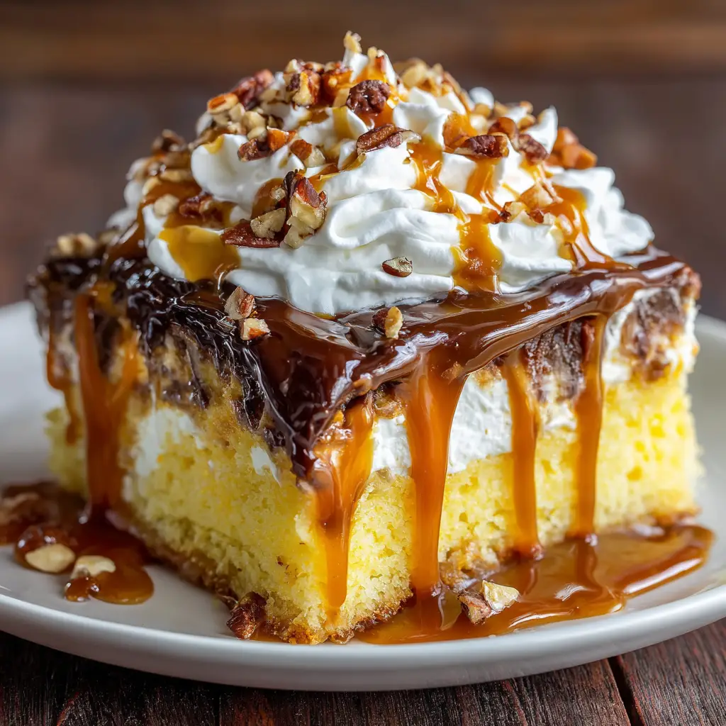 The process of pouring caramel and sweetened condensed milk filling over the chocolate cake after poking holes in it.