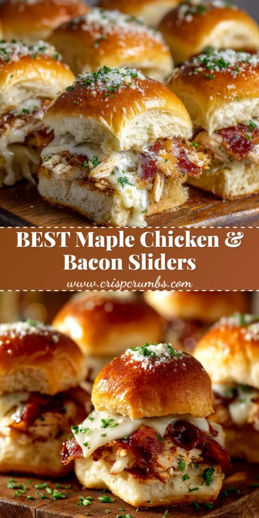 A pan of delicious Maple Chicken Bacon Sliders fresh out of the oven, with golden brown tops and melted cheese peeking out the sides.