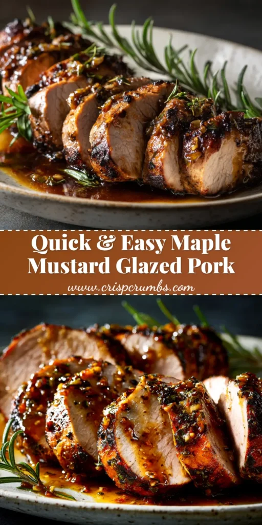 An overhead shot of a perfectly glazed Maple Mustard Pork Tenderloin, sliced to reveal a juicy interior, surrounded by fresh rosemary.