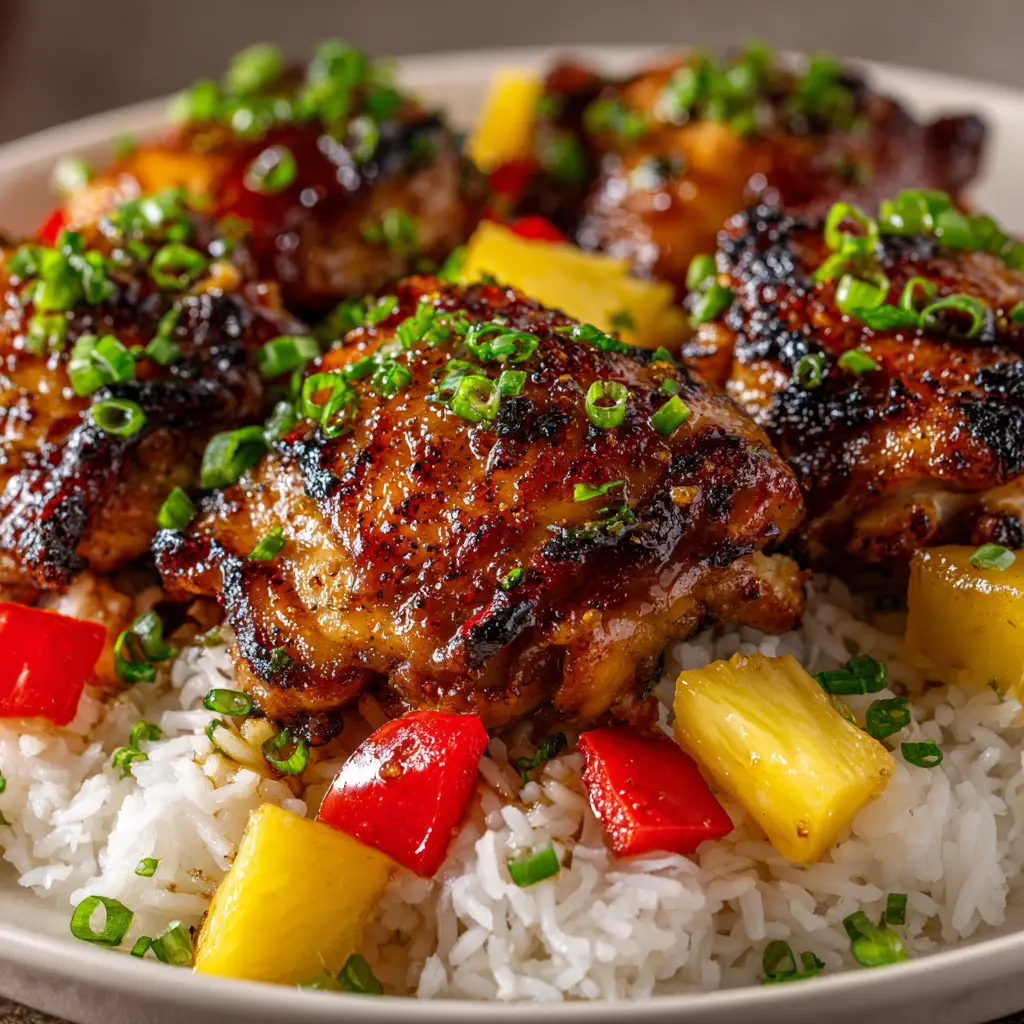 Raw chicken thighs marinating in a glass dish filled with dark brown Huli Huli sauce, ready to be refrigerated.