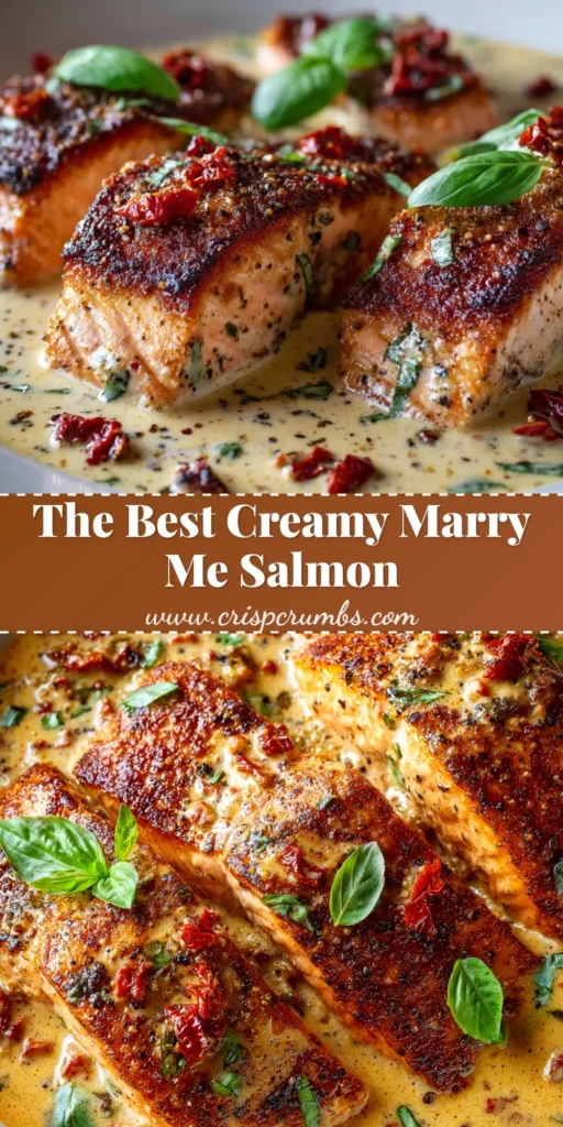 A stunning overhead shot of the finished Marry Me Salmon recipe in a skillet, garnished with fresh basil. The creamy sun-dried tomato sauce is rich and vibrant.