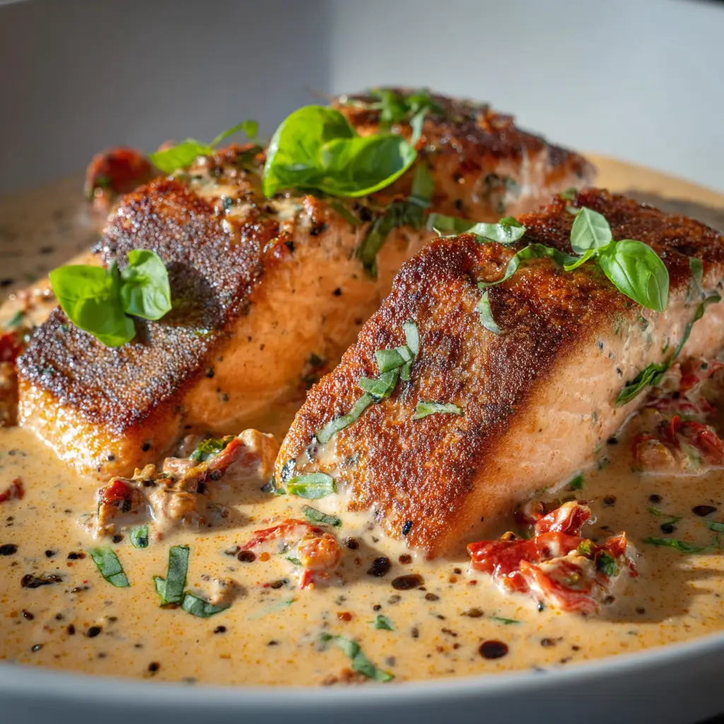 A spoonful of the creamy Marry Me Salmon sauce being poured over a flaky salmon fillet in a black skillet.