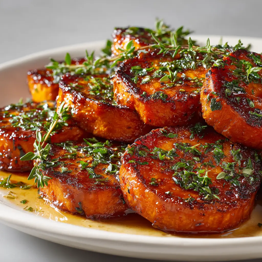 A side view of melting sweet potato rounds arranged in a baking dish, highlighting their thickness and soft texture.