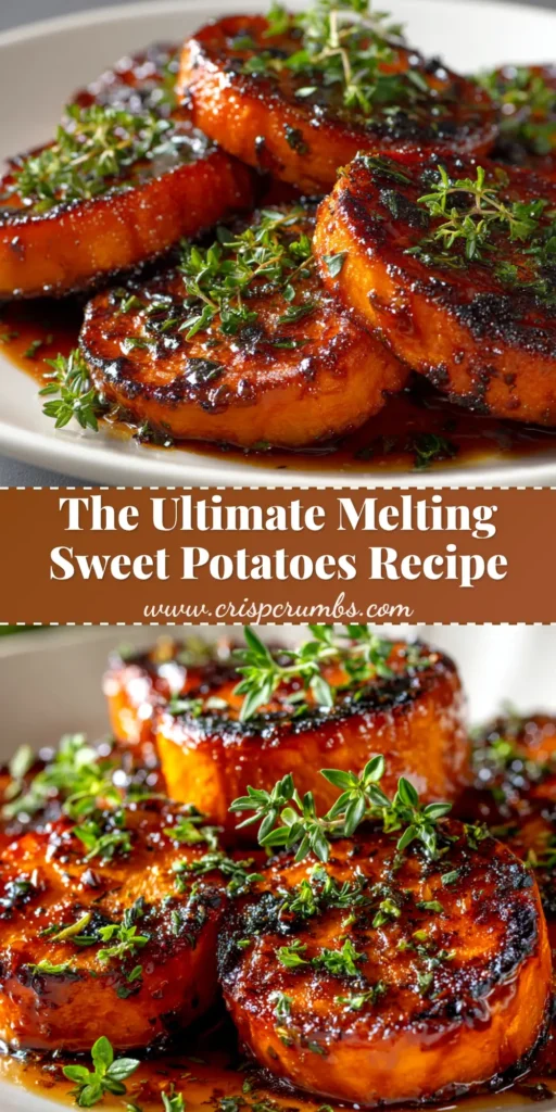 A shareable pin image showing a baking dish full of buttery, glistening Melting Sweet Potatoes, with text overlay for Pinterest.