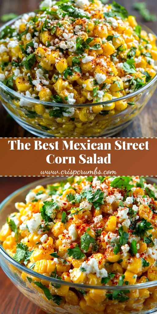 A large white bowl of Mexican Street Corn Salad topped with fresh cilantro and cotija cheese, with a lime wedge on the side. The perfect easy elote salad recipe.