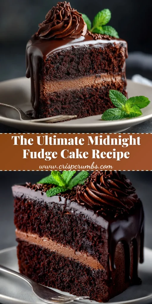 A decadent slice of Midnight Fudge Cake on a white plate, showcasing its dark, moist crumb and rich chocolate fudge frosting. The ultimate midnight fudge cake recipe for chocolate lovers.