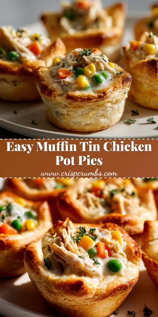 A tray of golden-brown Muffin Tin Chicken Pot Pies, with a creamy chicken and vegetable filling spilling out of a flaky crust. Perfect for an easy dinner or appetizer.