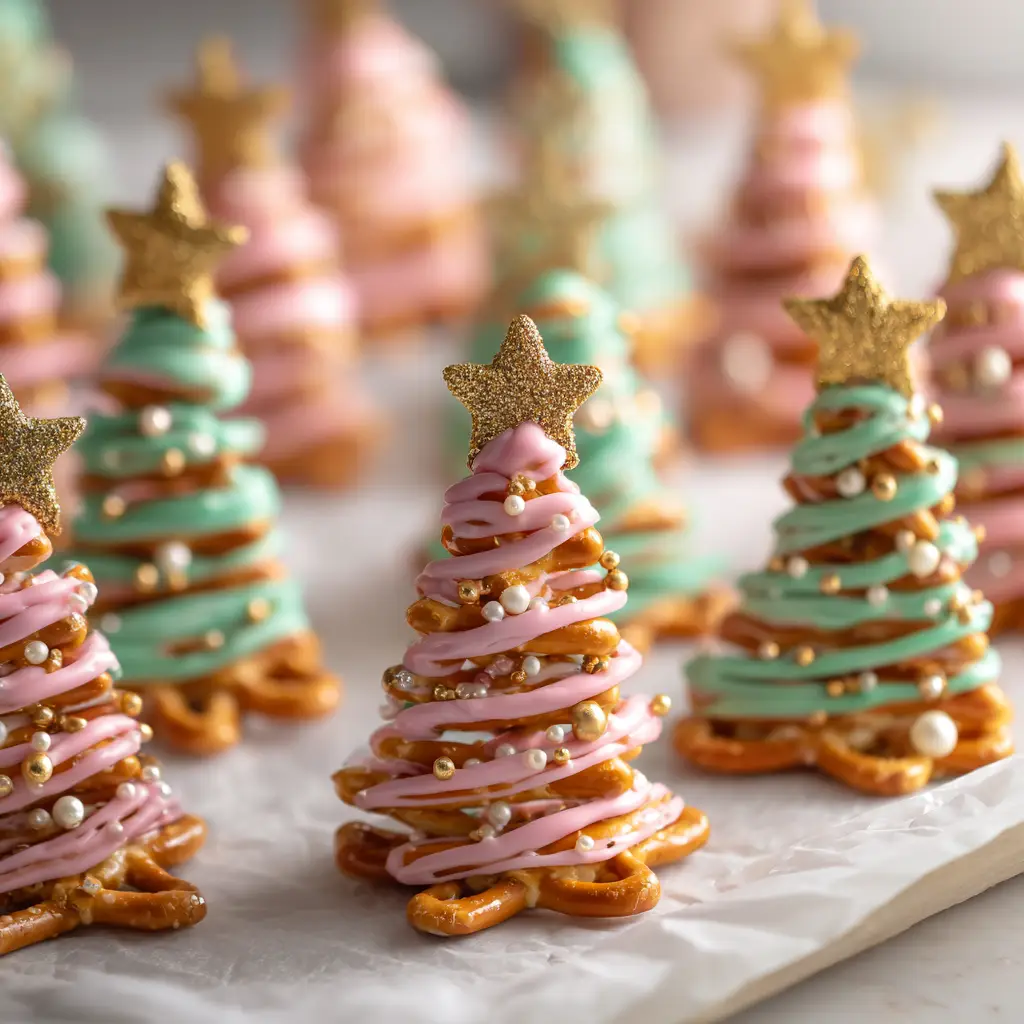 A creative display of no-bake Chocolate Pretzel Trees standing upright in a bed of sparkling sugar 'snow.' A perfect edible Christmas craft for the holidays.