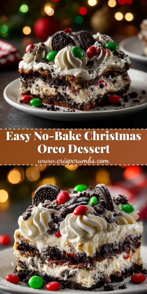 A festive slice of No-Bake Christmas Oreo Lasagna on a plate, showing distinct layers of Oreo crust, white cream cheese, chocolate pudding, and whipped topping with red and green sprinkles.