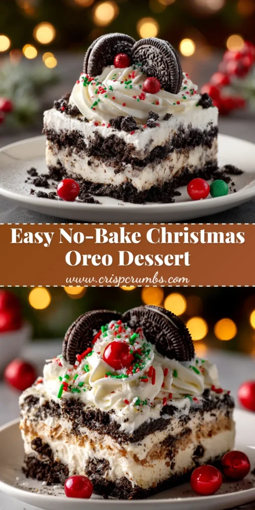 A slice of No-Bake Christmas Oreo Lasagna on a white plate, showing distinct layers of Oreo crust, cream cheese, and chocolate pudding, topped with whipped cream and festive sprinkles.