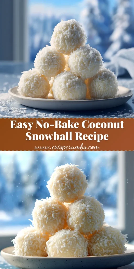 A pyramid stack of easy no-bake coconut snowballs coated in shredded coconut, ready for a Christmas party.