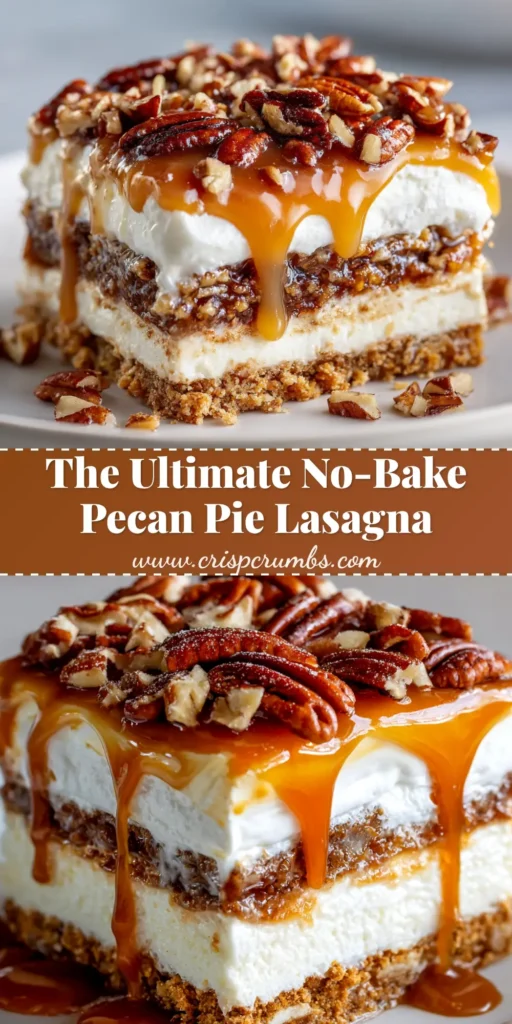 A large, beautiful slice of no-bake Pecan Pie Lasagna on a white plate, showcasing its distinct layers of graham cracker crust, cream cheese, pudding, and a rich pecan topping.