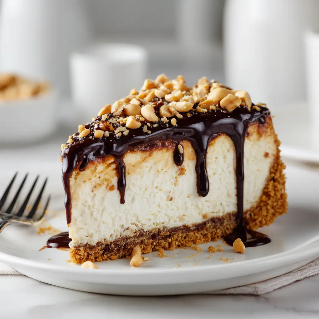 The full loaf of the no-bake cottage cheese snickers dessert before being sliced, showing the glossy chocolate topping and peanut texture.