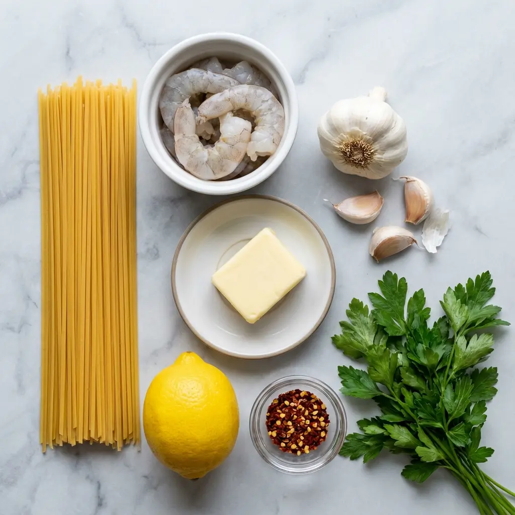 Ingredients for one pan garlic butter shrimp pasta, including shrimp, linguine, garlic, and butter, arranged on a marble surface.