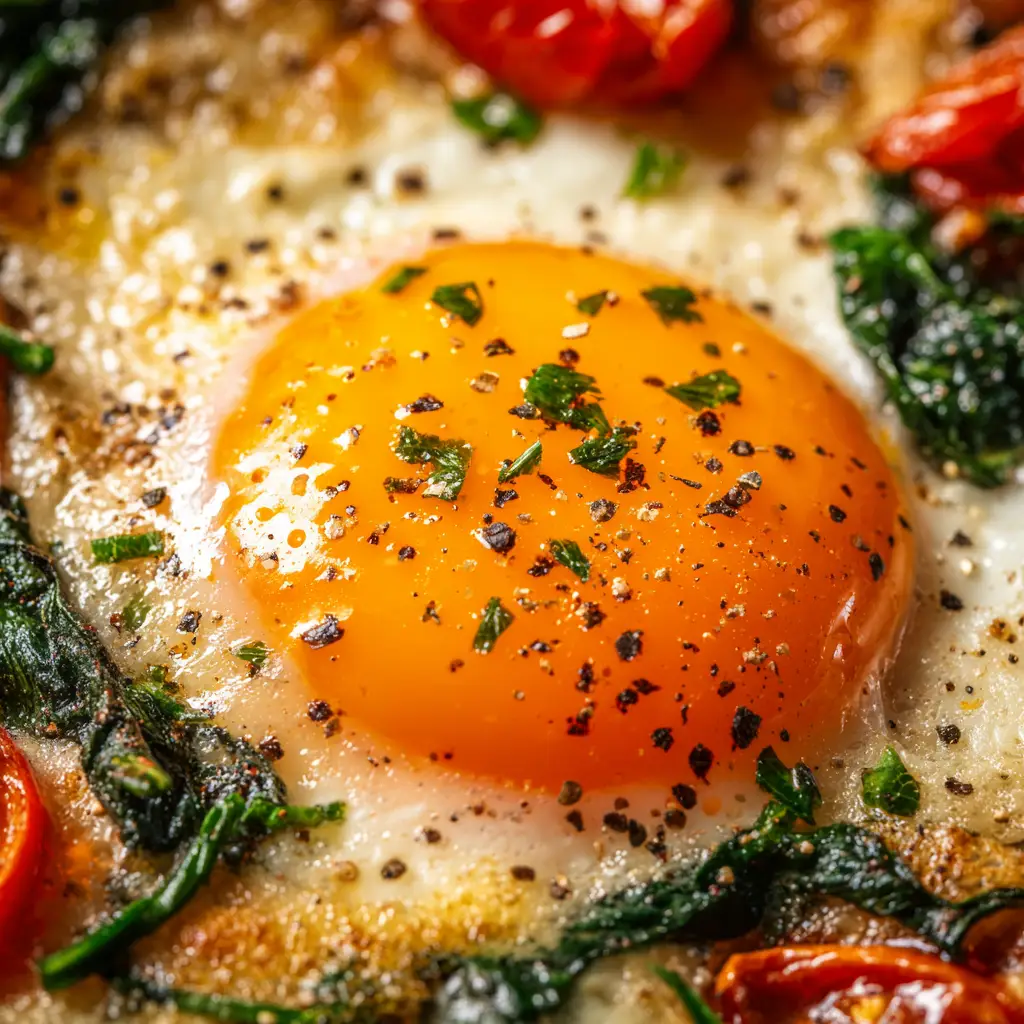 A serving of the Mediterranean egg bake on a plate, with a piece of bread dipped into the runny egg yolk and tomato sauce.