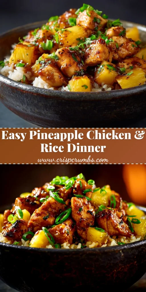 A top-down view of a delicious one-pan Pineapple Chicken and Rice bake in a rustic pan, garnished with fresh green onions and sesame seeds.