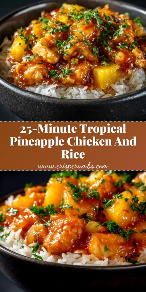 A colorful one-pan Pineapple Chicken and Rice dish in a skillet, garnished with green onions. The perfect easy weeknight dinner idea.