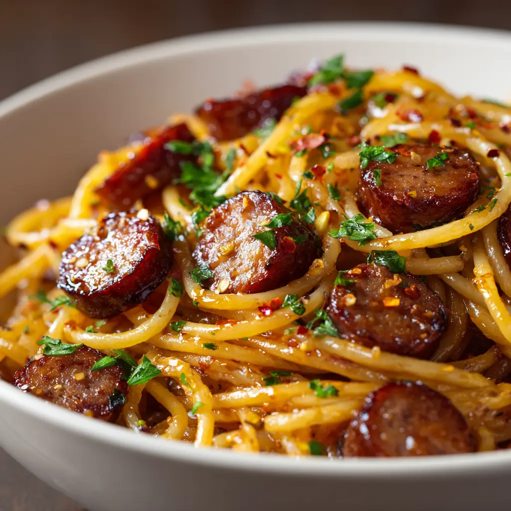 A skillet full of the finished honey garlic sausage pasta, with a wooden spoon tossing the ingredients together.