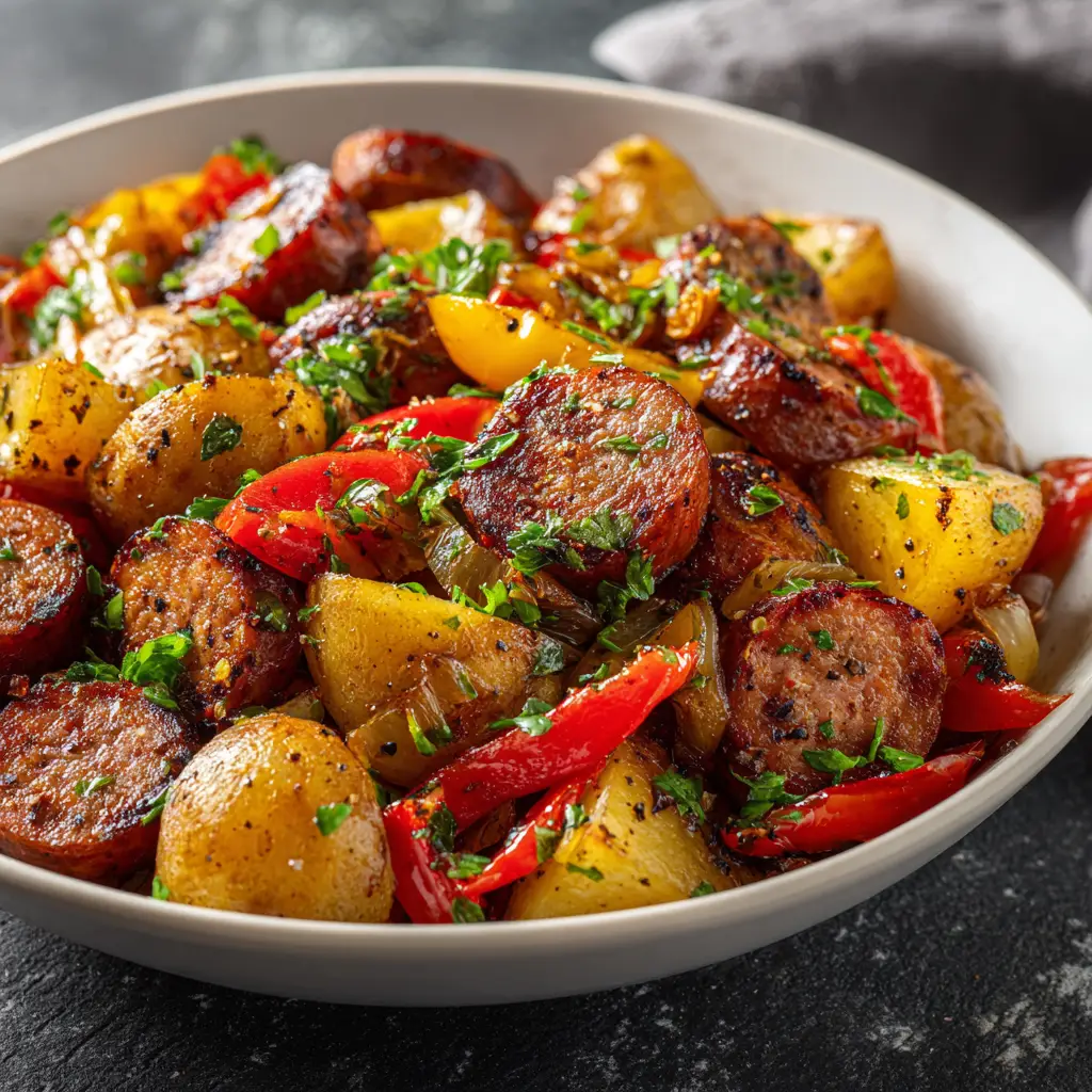 A serving of the sausage and potatoes skillet on a plate, ready to be enjoyed as a healthy skillet meal.