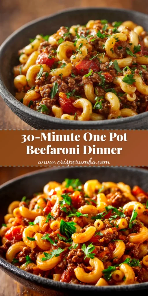 A skillet of cheesy One Pot Beefaroni, showcasing the savory ground beef, tender macaroni, and rich tomato sauce, ready to be served.