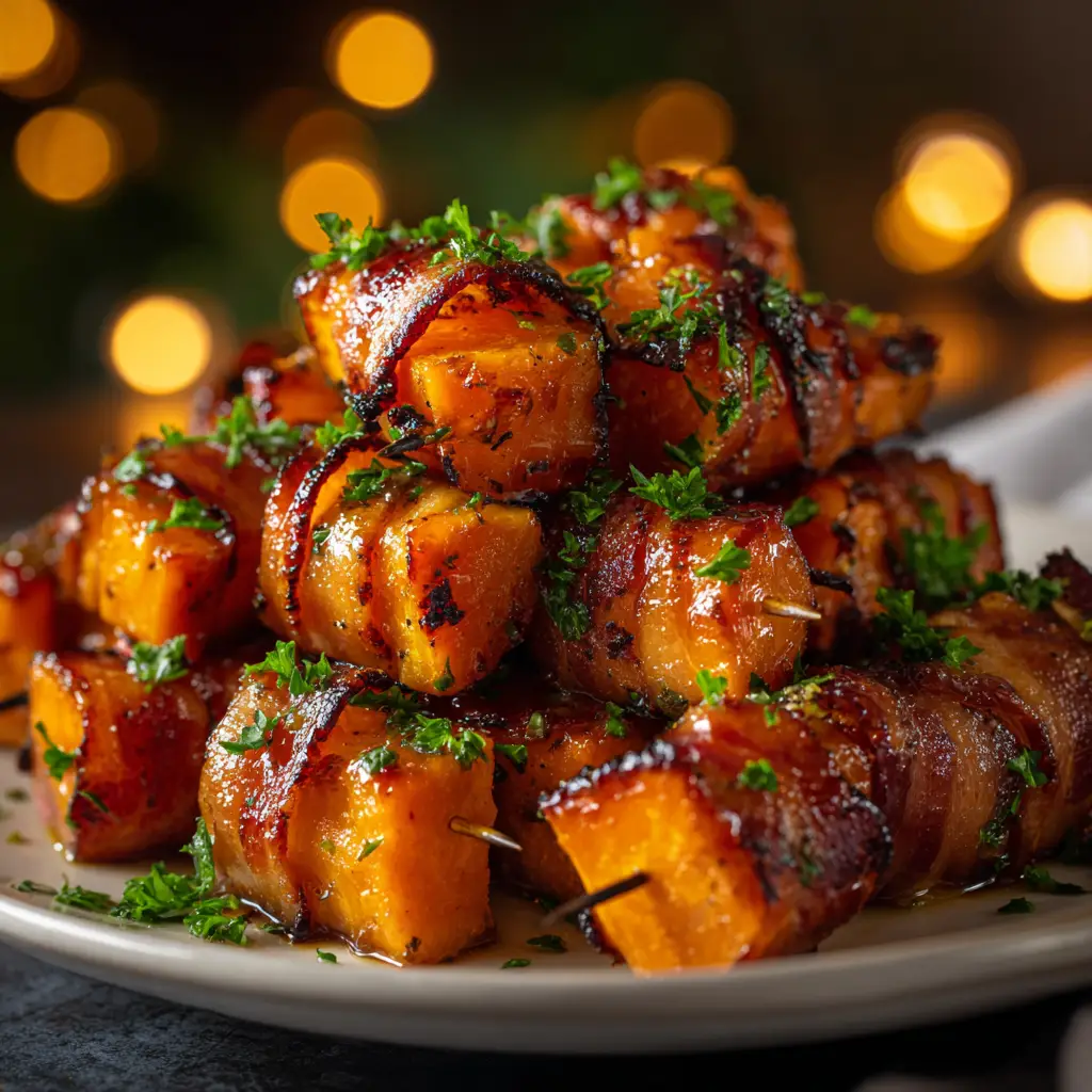 A single bacon wrapped sweet potato bite secured with a toothpick, showing the delicious glaze.