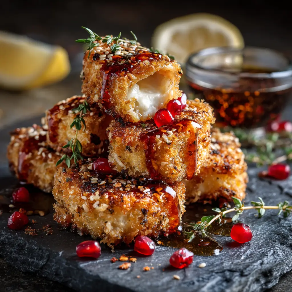 A close-up, eye-level shot showing the incredible texture of pan-fried goat cheese medallions. The crispy Panko coating is perfectly golden.