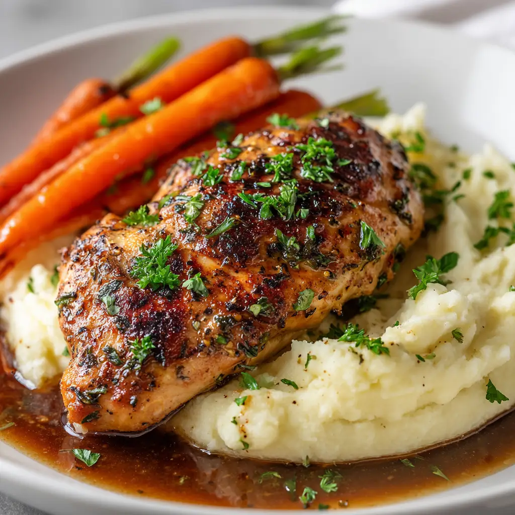 A golden-brown pan-seared chicken breast being drizzled with a buttery garlic herb sauce in a skillet.