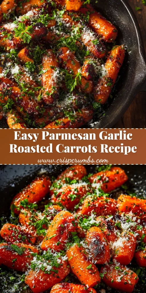 A platter of perfectly crispy Parmesan garlic roasted carrots, garnished with fresh parsley. The carrots are golden-brown and caramelized, ready to be served as a delicious side dish.