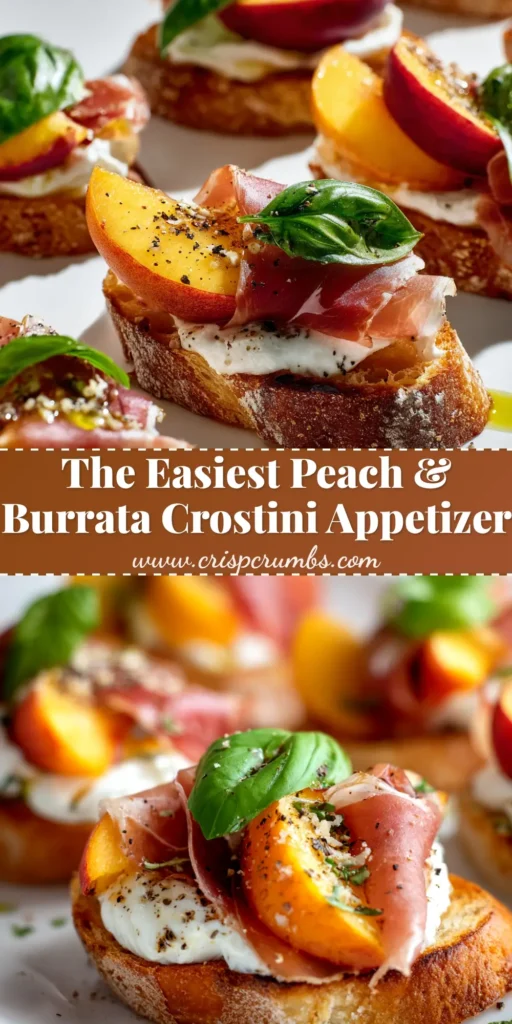 A platter of delicious Peach Burrata Crostini, topped with prosciutto, fresh basil, and a balsamic glaze drizzle. The perfect summer appetizer recipe.