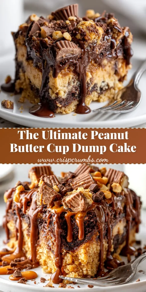 The ultimate Peanut Butter Cup Dump Cake recipe. A rich chocolate and peanut butter dessert made with just 5 ingredients. Perfect for a crowd!