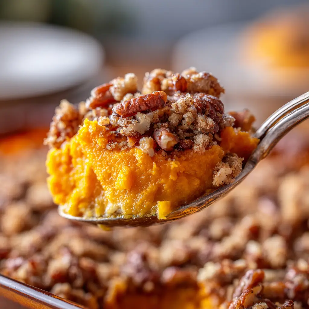 A detailed shot of the crunchy pecan streusel topping on a baked sweet potato casserole, highlighting the toasted pecans and caramelized brown sugar.