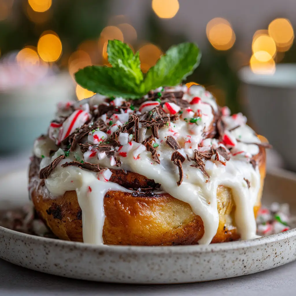 A close-up of a single peppermint bark cinnamon roll on a plate, showing the fluffy dough spiral and creamy peppermint icing.