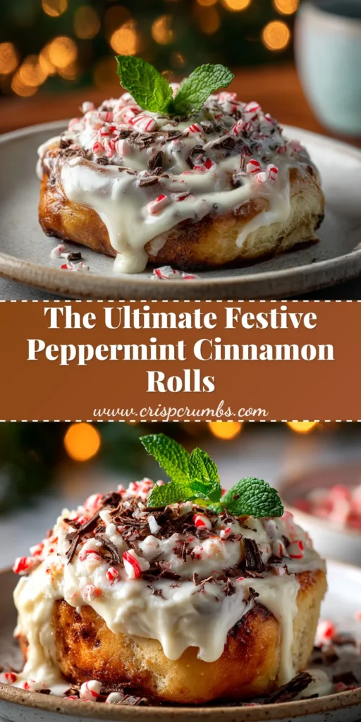 A pan of freshly baked Peppermint Bark Cinnamon Rolls, generously topped with white cream cheese icing, drizzled with chocolate, and sprinkled with crushed candy canes.