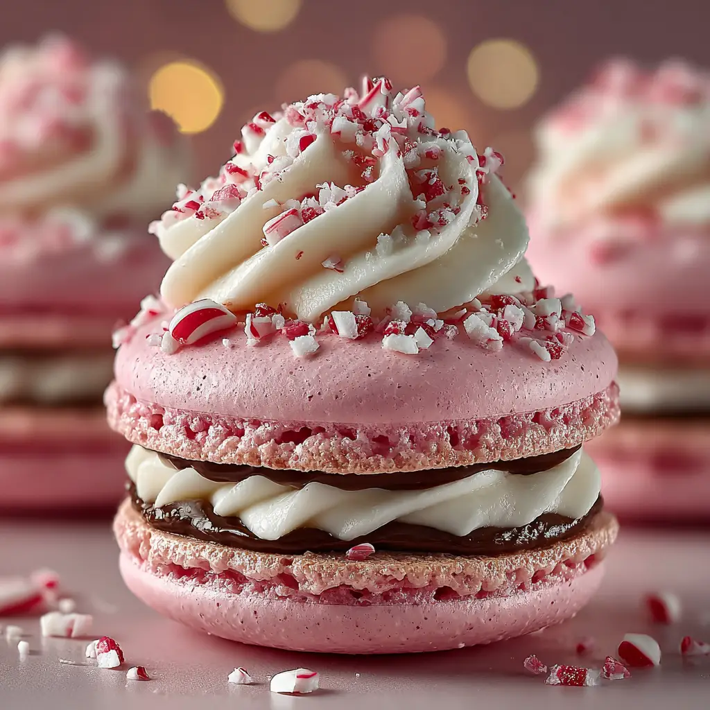 A perfectly assembled peppermint macaron, showing the generous amount of peppermint buttercream filling between two festive shells.