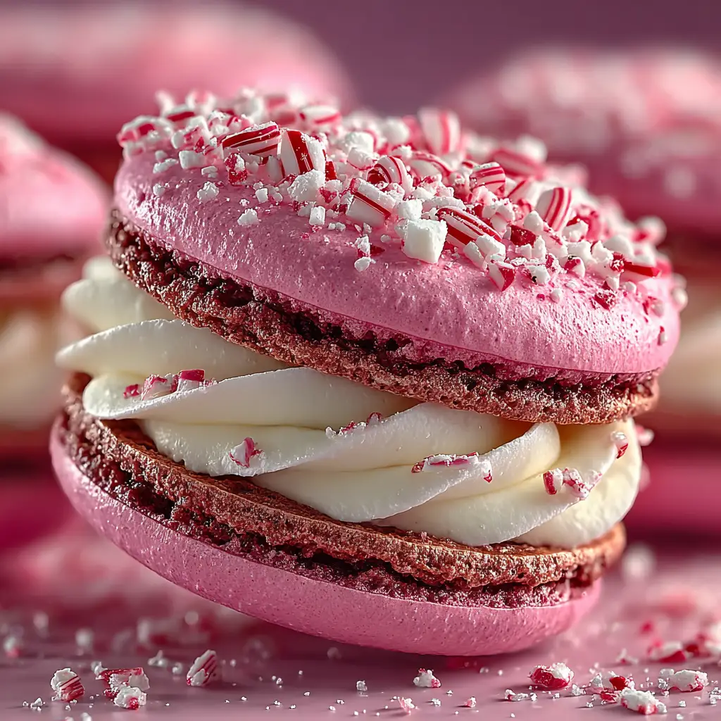 A close-up stack of pink and white peppermint macarons, highlighting their smooth tops and perfectly formed feet.